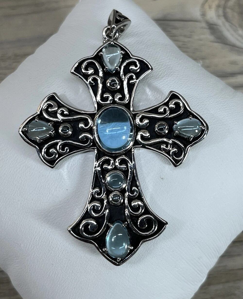Sterling Silver 925 Scroll Blue Topaz Cabochons Large Cross Pendant 19G / 2.6in